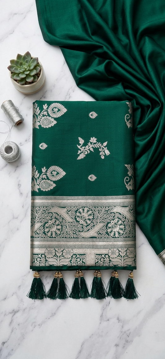 Bottle Green Soft Silk Saree with Silver Zari & Ghungroo Tassels