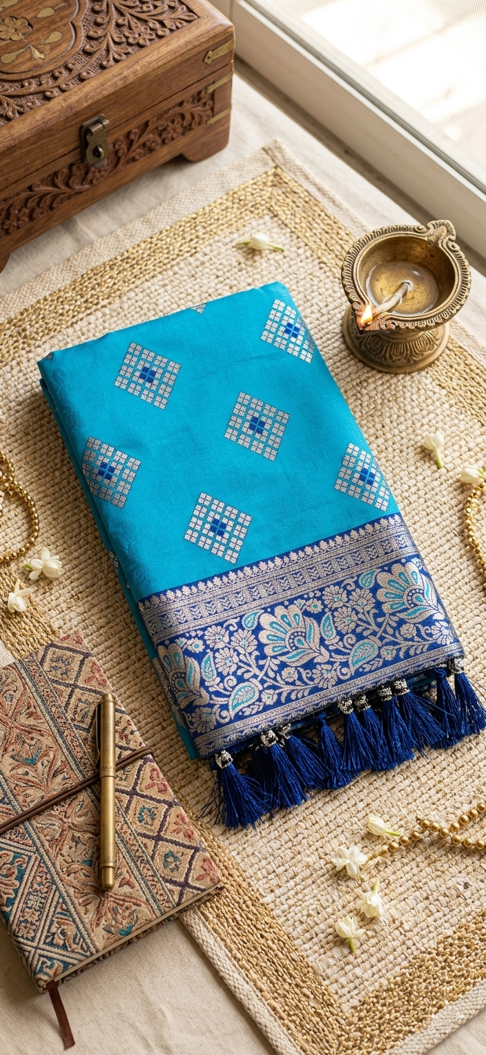 Sky Blue Meenakari Silk Saree with Navy Contrast Border & Blue Tassels
