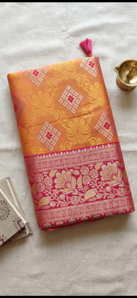 Orange Meenakari Silk Saree with Hot Pink Contrast Border