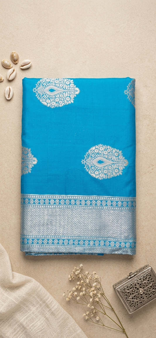 Sky Blue Silk Saree with Peacock Zari Bootis & Chevron Border