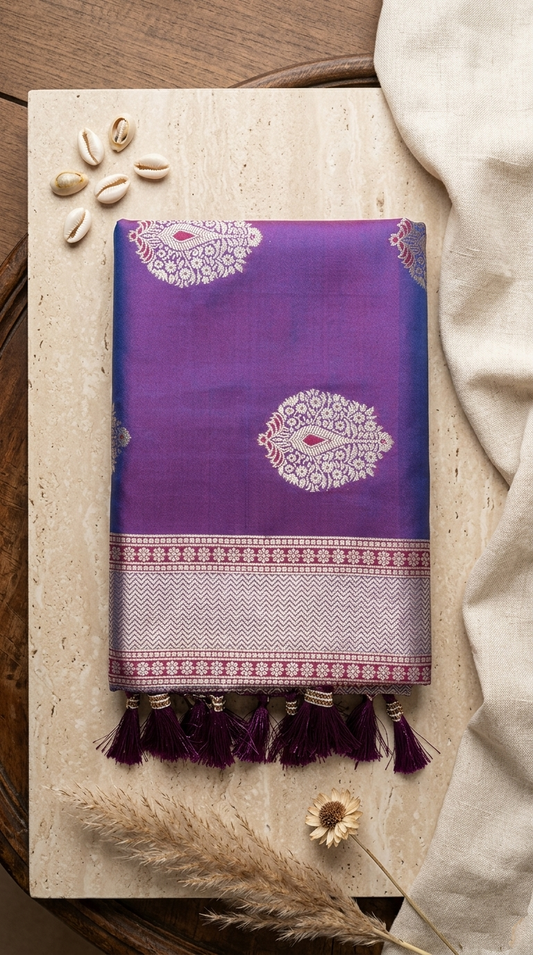 Purple Ombre Silk Saree with Peacock Zari Bootis & Chevron Border