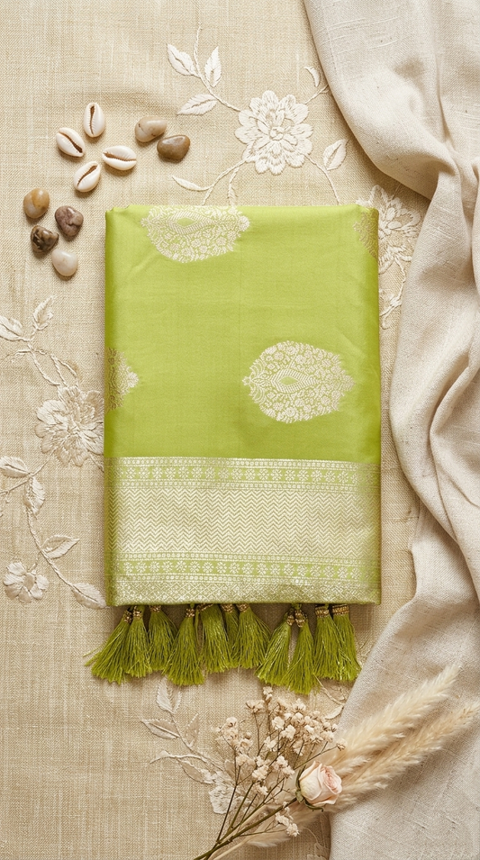 Parrot Green Silk Saree with Peacock Zari Bootis & Chevron Border