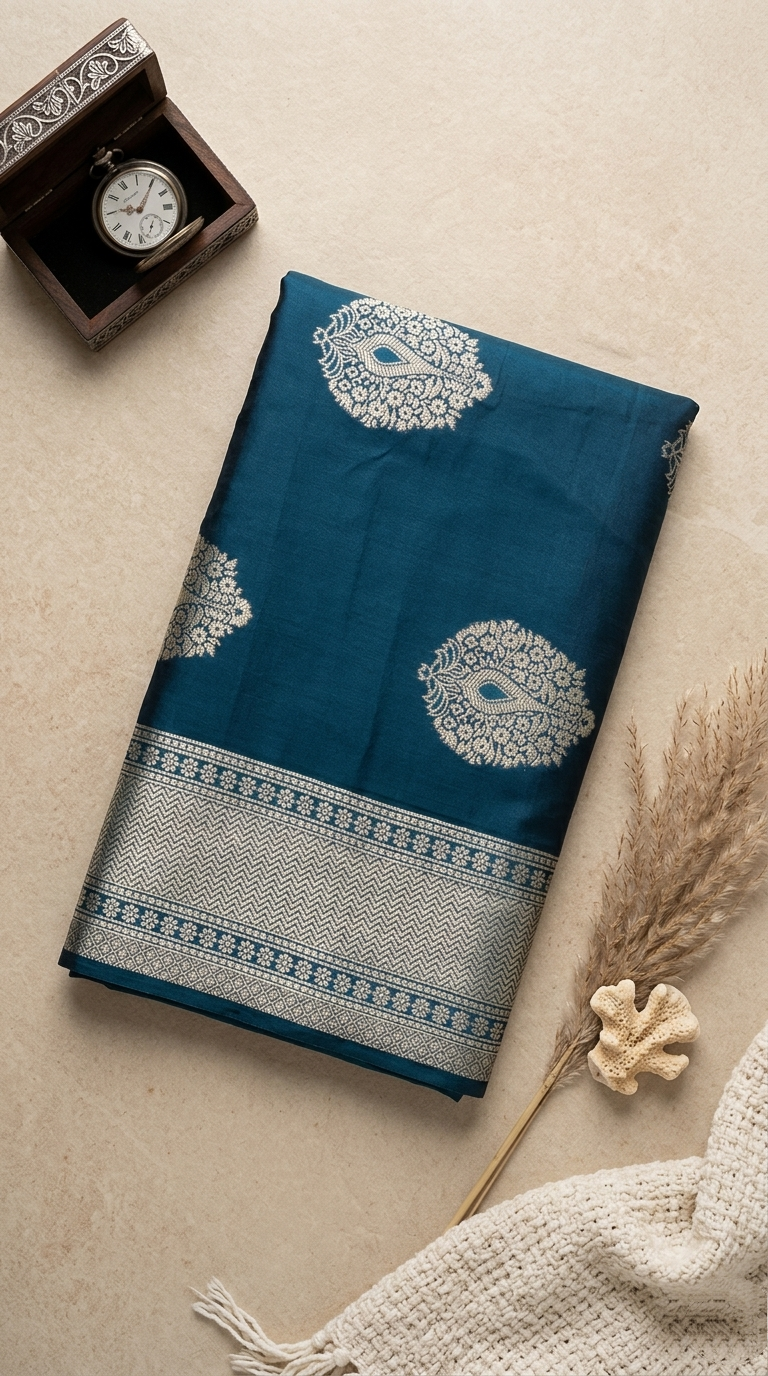 Teal Silk Saree with Peacock Zari Bootis & Chevron Border