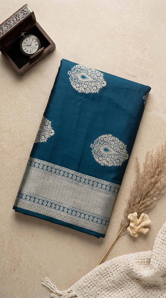 Teal Silk Saree with Peacock Zari Bootis & Chevron Border