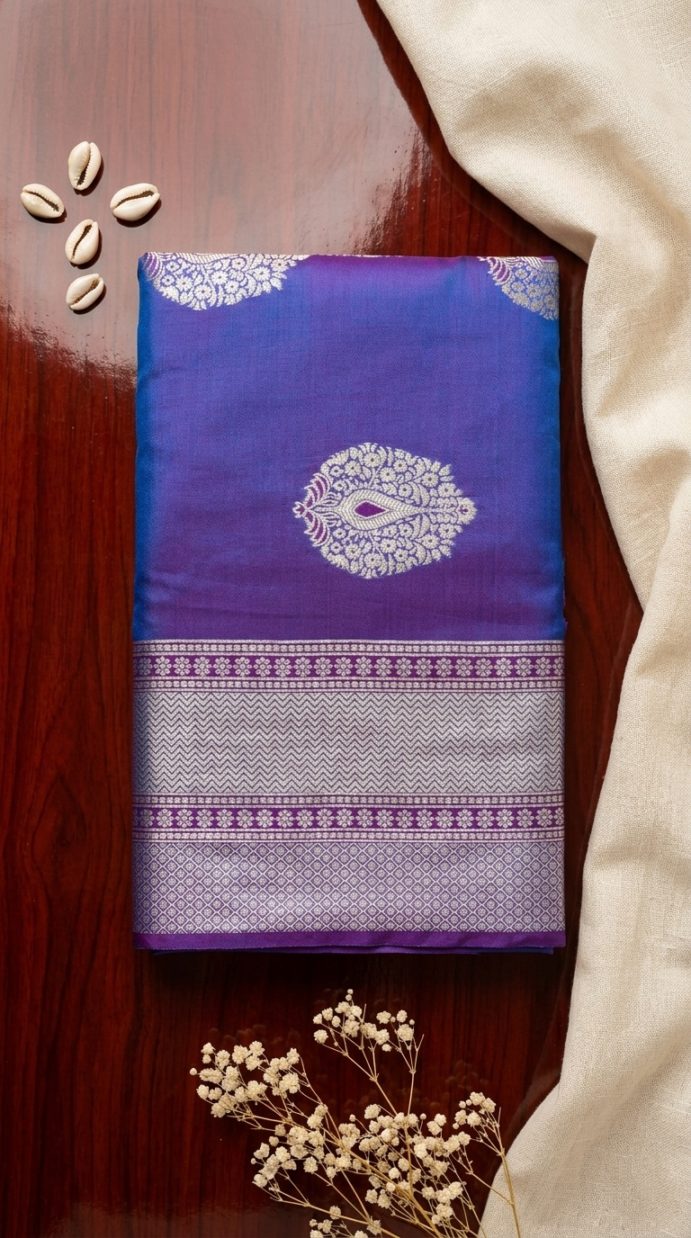Blue-Purple Ombre Silk Saree with Peacock Zari Bootis & Chevron Border