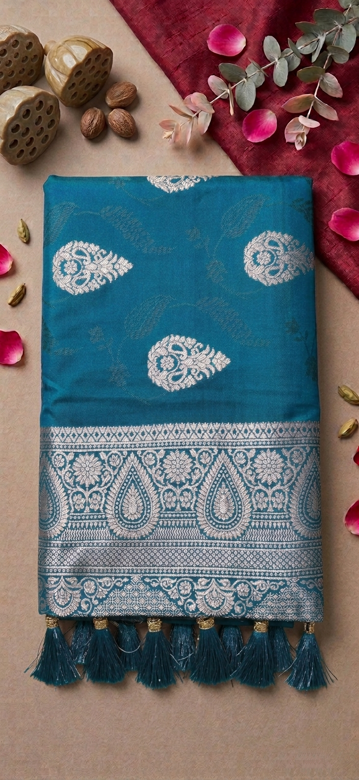 Peacock Teal Banarasi Silk Saree with Silver Zari Border