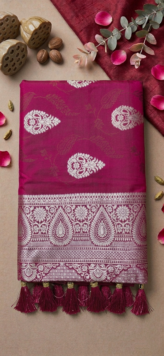 Rani Pink Banarasi Silk Saree with Silver Zari Border