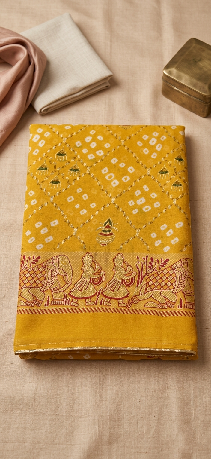 Mustard Yellow Bandhani Georgette Saree