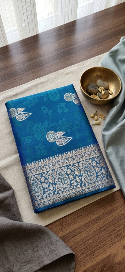 Teal Blue Banarasi Silk Saree with Gold Silver Zari Jaal