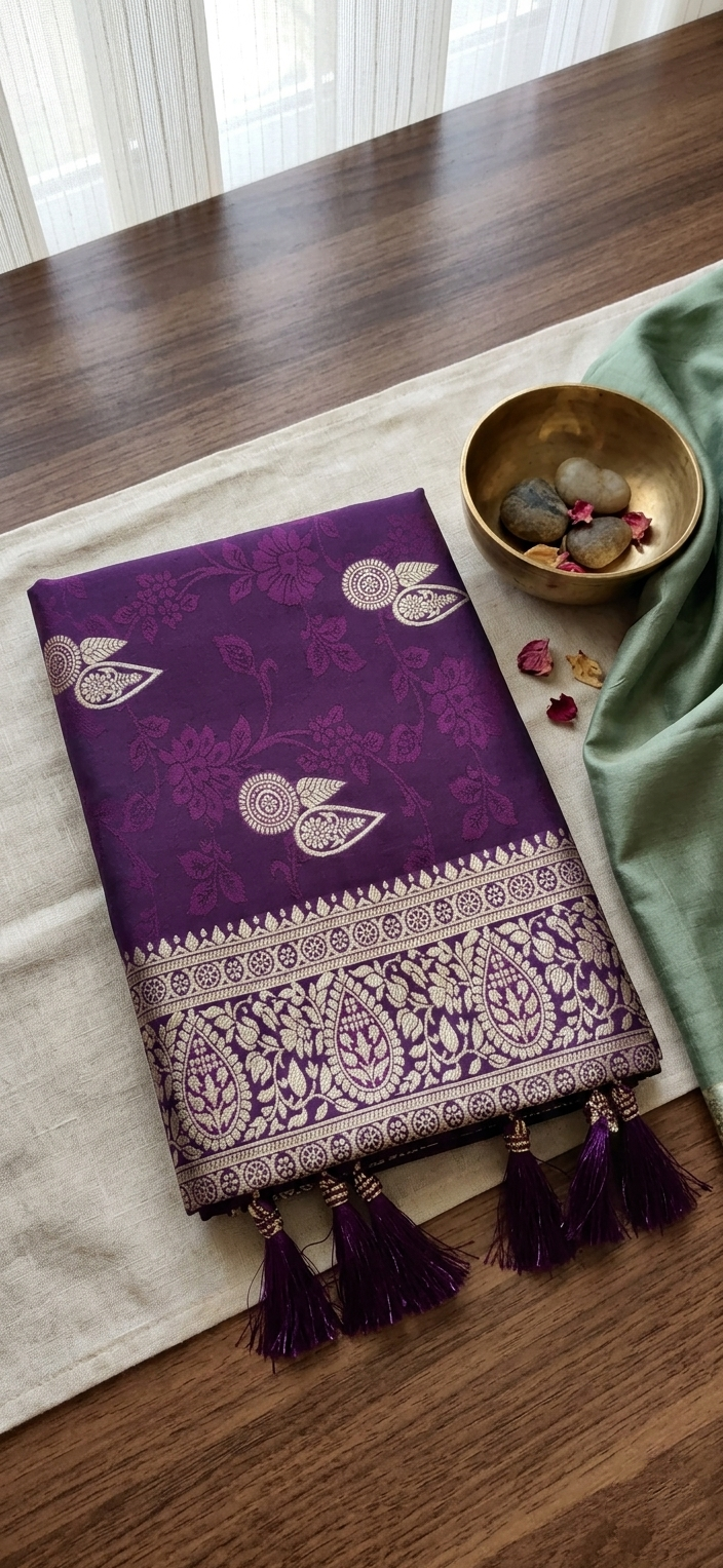 Deep Purple Banarasi Silk Saree with Gold Zari Floral Jaal