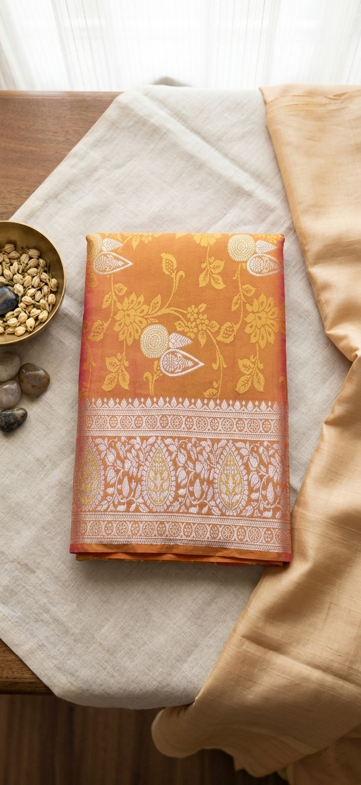 Mustard Orange Banarasi Silk Saree with Silver Gold Zari Jaal