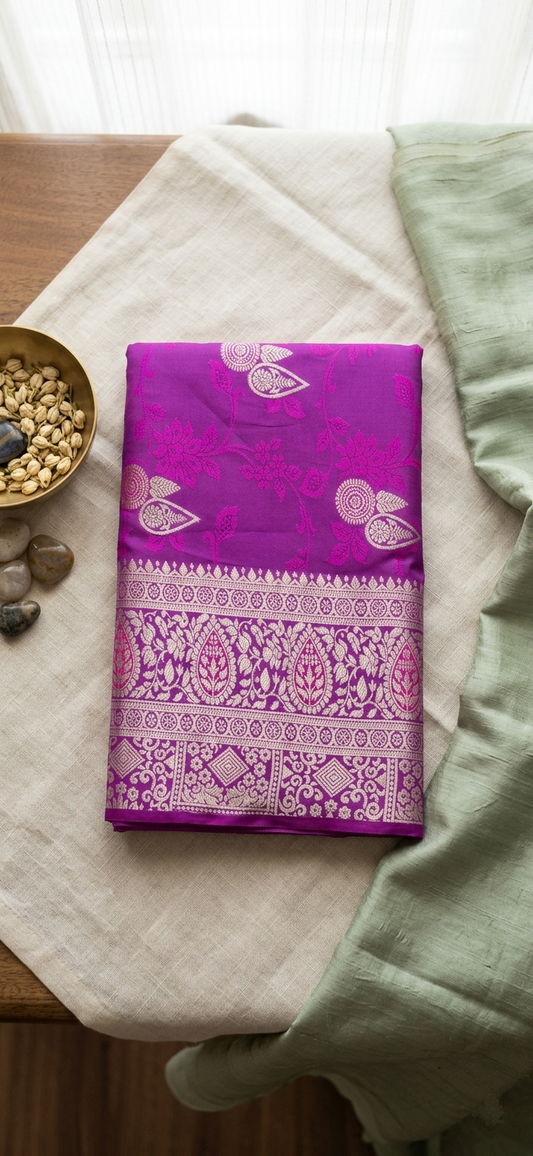 Magenta Purple Banarasi Silk Saree with Gold Zari Jaal